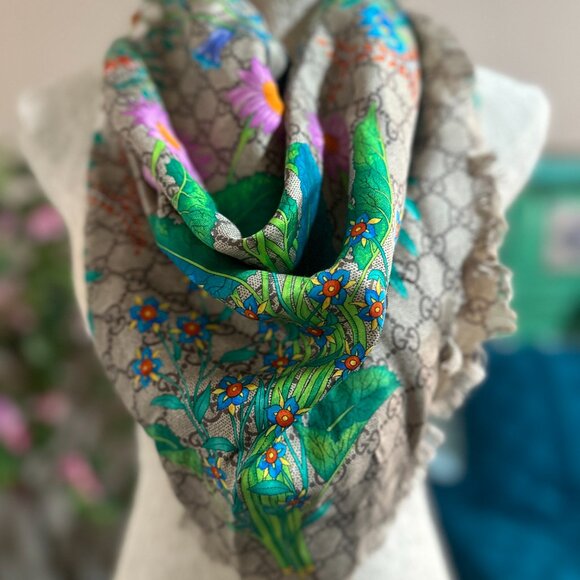 Gucci Modal Silk GG Monogram GG Tian Shawl Scarf Multi - Picture 7 of 9